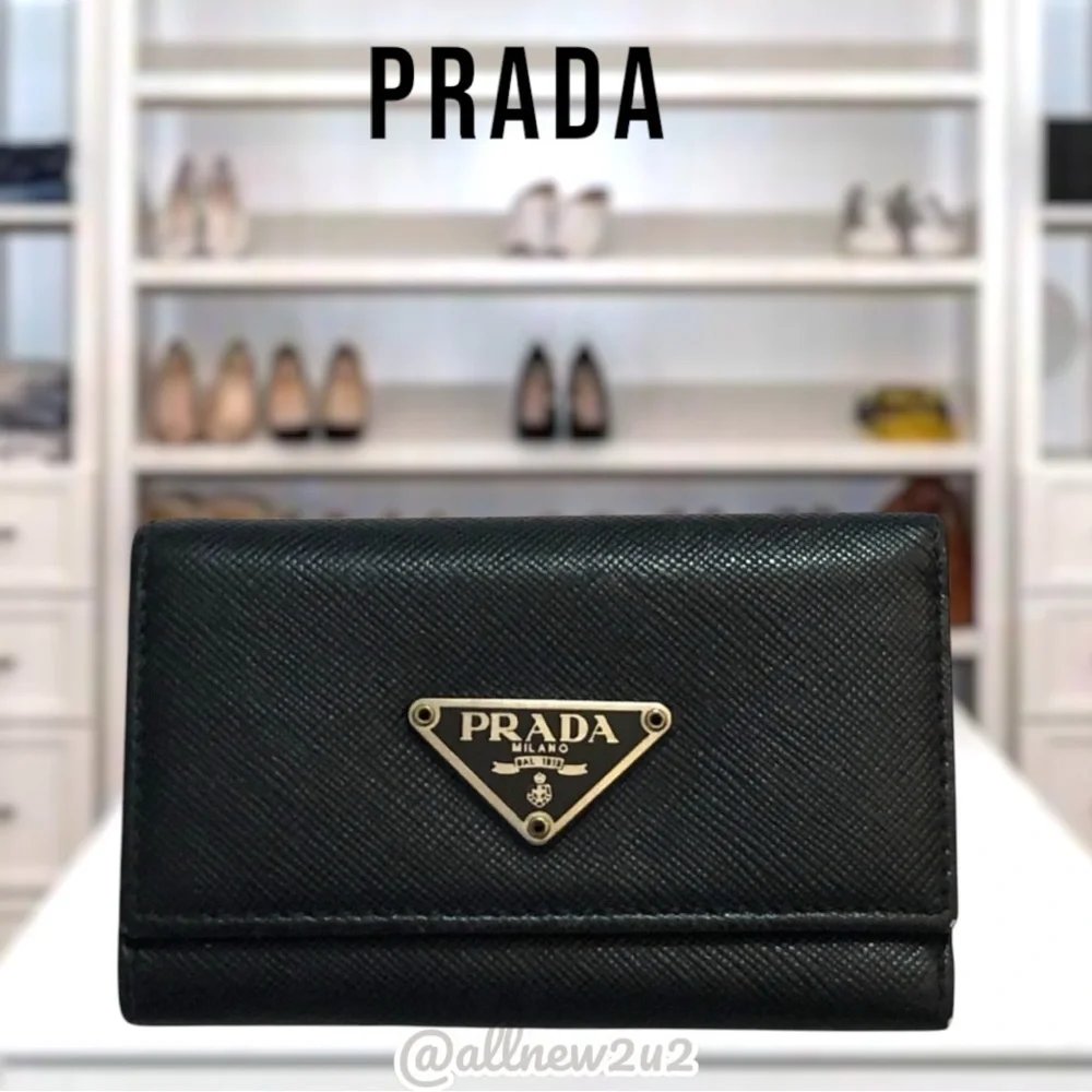 Prada Logo Black Silver Plaque Tri-Fold Key Case Key Unisex Logo Luxury